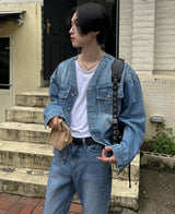 カラーレスデニムジャケット/Collarless denim jacket