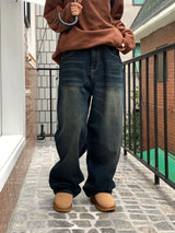Chiba Vintage Cat Washing Long Wide Denim Pants