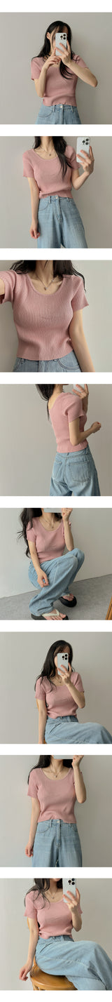 ナチュラルUネックVネックニットウェアショートスリーブTシャツ