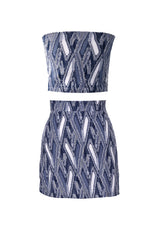 デニムジャカード チューブトップ＆スリットミニスカート セット/Denim jacquard tube top & mini skirts two piece set (navy)