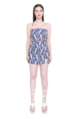 デニムジャカード チューブトップ＆スリットミニスカート セット/Denim jacquard tube top & mini skirts two piece set (navy)