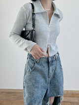 オルモストリブカラークロップジップアップ/Ulmost Rib Collar Crop Zip Up (4color)