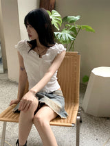 ローバエンボスパールボタン半袖ブラウス / Roba Embossed Pearl Button Short Sleeve Blouse
