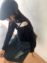 High knee ribbed V-neck semi-crop long-sleeve knit