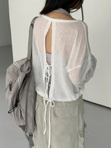 シースルー バックリボン ビーチウェア リネン 長袖 カーディガン/ Fyuber See-Through Back Ribbon Beachwear Linen Long-Sleeved Cardigan