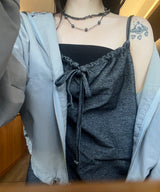 モリガールコットンデニムリボンスリーブレス / Morigirl cotton denim ribbon sleeveless