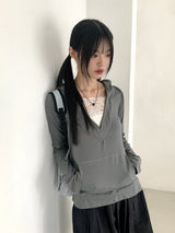RtiビンテージVネックレースフード長袖Tシャツ