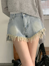 フリンジアンバランスデニムショートパンツ / Kaichi Fringe Unbalanced Light Blue Denim Shorts Pants