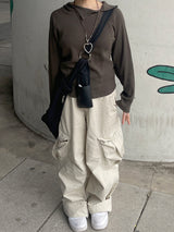 ワッフルカットアウトダイアゴナルニットフード / Waffle cut diagonal knit hood