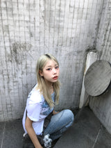 y2k ブルーホワイトローズテイルTシャツ