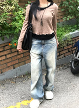 ビンテージツインキャットウォッシングデニムワイドパンツ