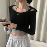[T-shirt purchase window] Cream Rose, Ribbon Lip Neck Cropped T-shirt + Halter Sleeveless Set-up - 4 colors