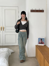 Halo pintuck shirring pocket cargo denim pants