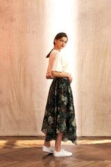 "PRE-ORDER 4/16~" VINTAGE FLOWER UNBALANCE FLARE SKIRT (Black) (6546128175222)