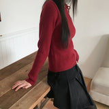 Listy オフショルダー リボン ストラップ リブクロップ 長袖ニット