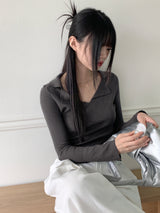 リボンVネックカラーVネックカラーリング長袖ニット