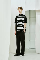 MOCK NECK HALF STRIPE KNIT T-SHIRT BLACK (6554118652022)