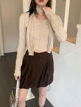 トリーVネックシャーリングプリーツクロップドロングスリーブTシャツ