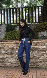 SEMI-WIDE FIT STRING POINT DARK DENIM PANTS [17708]