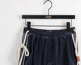 デューパーステッチカラーマッチングロープベルトロングワイドデニムパンツ / Duper stitch color matching rope belt long wide denim pants
