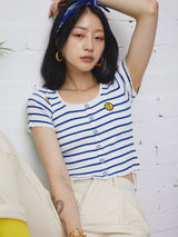 ボタンディティールストライプニットクロップトップス/BUTTON DETAIL STRIPED KNIT CROP TOP ULTRAMARINE (6586890715254)