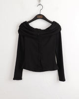 Iku striped button slit off-shoulder long sleeve T-shirt