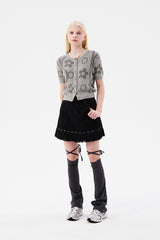 チェリージャカードパターンショートスリーブカーディガン / CHERRY JACQUARD PATTERN SHORT SLEEVE CARDIGAN [MELANGE GRAY]