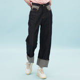 ピンクステッチロールアップデニムパンツ / Pink stitch rollup denim pants