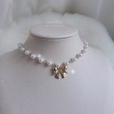 Adorable Ribbon Pearl Choker Necklace - Gold