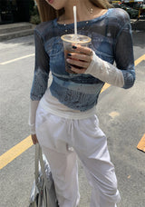Denim see-through long sleeve top