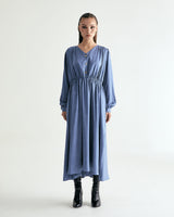 V-NECK CREASE SHIRRING ONEPIECE - CLASSIC BLUE (6635995955318)
