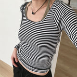 Liren ストライプ スリム フィット ラウンド クロップ ロング スリーブ T シャツ