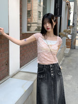 リワンピンクシースルーレースリボンスクエア半袖Tシャツ / Liwan Pink See-through Lace Ribbon Square Short Sleeve T-shirt