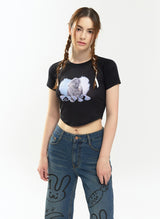 ハートバニーラグランクロップTシャツ / Heart bunny Raglan Crop-T (black)