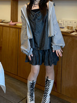 モリガールコットンデニムリボンスリーブレス / Morigirl cotton denim ribbon sleeveless