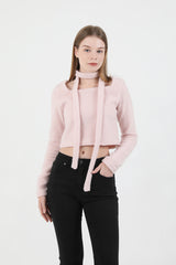 Square Neck Fur Knit T-shirt Muffler Set Pink