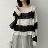 オペルストライプリップネックニットウェア/Opel Striped Lip Neck Knitwear