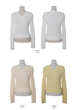[S-L] Vネックケーブルコットンニット (11color)