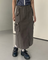 コットンポケットカーゴストリングバックオープンバンディングロングスカート /Mark cotton pocket cargo string back open banding long skirt