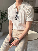 トッドケーブルジップアップ半袖襟付きニット / Tod Cable Zip-Up Short-Sleeved Collar Knitwear (8 colors)