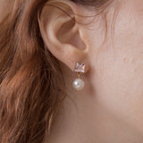 ピンククリスタルアンドパールドロップピアス/Pink crystal and pearl drop earring