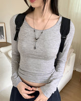 フューニングベーシックプレーンラウンドクロップドロングスリーブTシャツ