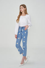 ストレートフィットフラワー刺繍デニムパンツ/IZ*ONE CHEWON, LOVELYZ KEI, ROCKET PUNCH YEONHEE WORN STRAIGHT FIT FLOWER EMBROIDERY DENIM PANTS [6663]