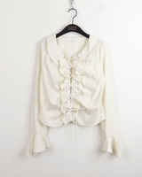 ブルダスプリングラッフルアイレットストラップ長袖ブラウス/Vulda Spring Ruffle Eyelet Strap Long Sleeve Blouse