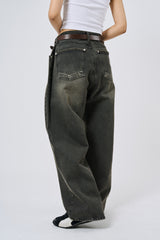 Folded pintuck wide denim pants