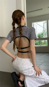 striped backless short sleeve top