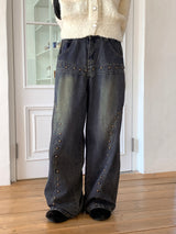Pector Western Stud Embroidery Washed Long Wide Denim Pants