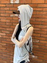 スクエアサイドストリングロングフードノースリーブシャツ / square side string long hooded sleeveless shirt
