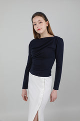 ドレープパフシャーリングTシャツ / Drape Puff Shirring T-shirt Navy