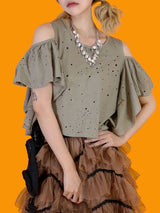 パンチングショルダーフリルTシャツ / punching shoulder frill T (2 color)
